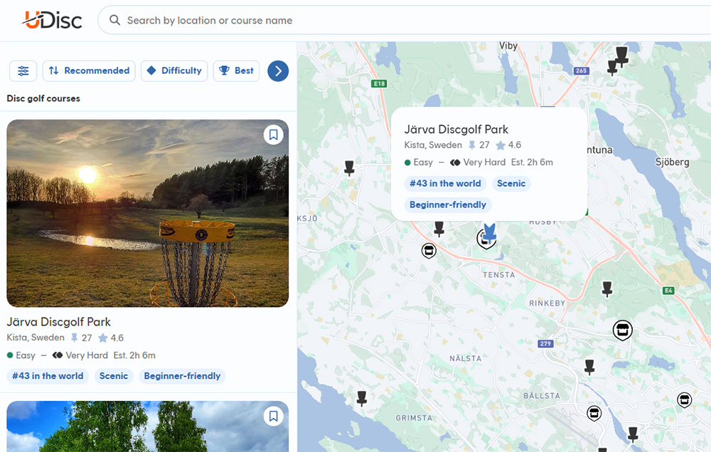 Använd t ex UDisc eller Google för att hitta discgolfbanor